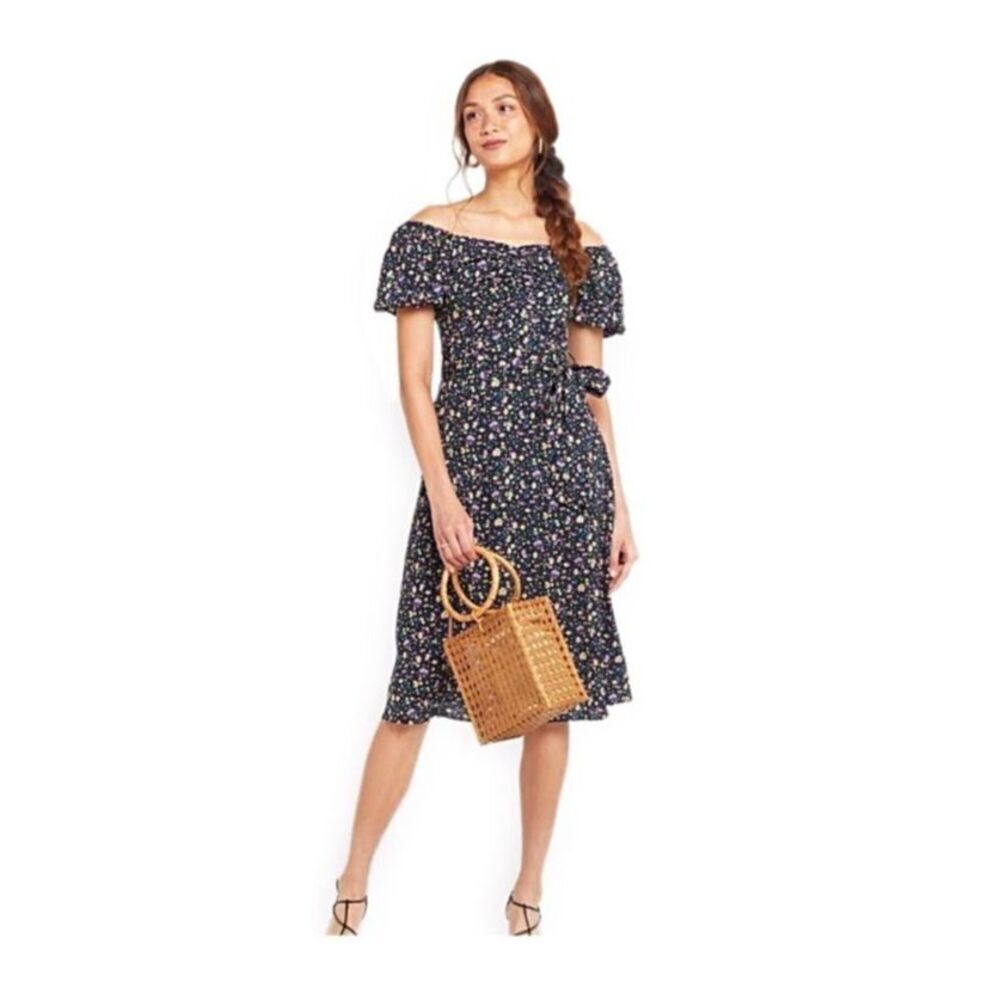Revolve Kourt Joise Cottage Core Black Floral Midi Dress Tie Waist Size XS
